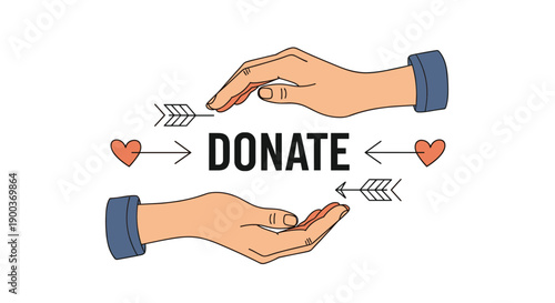 Symbolic hands engaged in the act of giving and receiving framed by arrows and hearts emphasizing the powerful message of "DONATE".