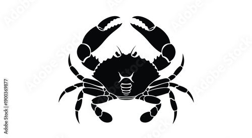 A striking black silhouette of a crab with prominent claws showcasing its strong marine form and intriguing ocean presence.