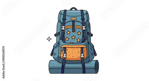 A robust hiking backpack adorned with stars and a rolled sleeping mat attached symbolizing readiness for outdoor adventures and travel.