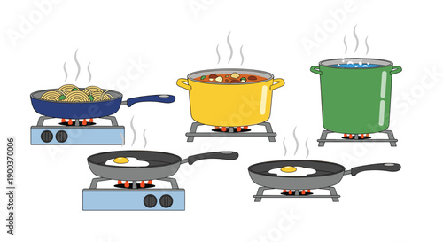 A dynamic scene of various pots and pans actively cooking different dishes on gas stoves illustrating bustling kitchen activity.