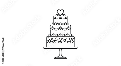 A simple yet elegant outline illustration of a tiered wedding cake topped with a heart symbolizing love and matrimonial celebration.