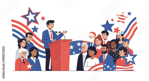 Illustration of a diverse crowd listening to a person making a speech at a podium with American flag decorations on Presidents Day.