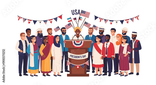 Illustration of diverse people celebrating Presidents Day with a speaker at a podium, flags, and bunting in a festive American scene.