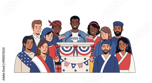 Illustration of diverse people celebrating Presidents Day with a cake and American flag decorations in a festive atmosphere.