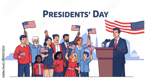 A diverse group of people celebrating Presidents' Day with American flags and a speaker at a podium in a patriotic illustration.
