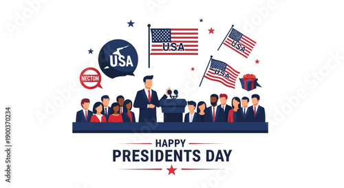 Illustration of people celebrating Presidents Day with a speech and American flags in a festive design.