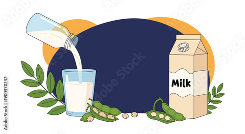 Refreshing soy milk pours from a bottle into a glass, surrounded by fresh soybeans and a carton, against a colorful background.