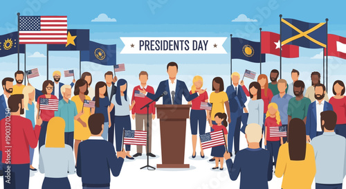 Illustration of a person making a speech to a diverse crowd on Presidents Day in the USA with flags and decorations.