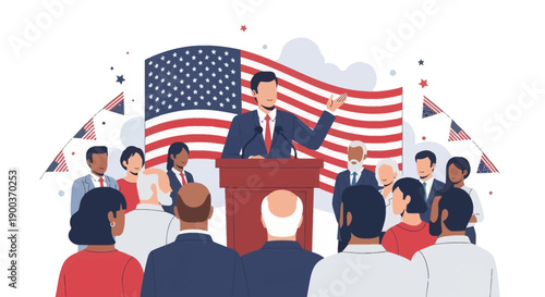 Illustration of a man giving a speech on Presidents Day in front of an audience with American flags and bunting, symbolizing USA holiday celebration.