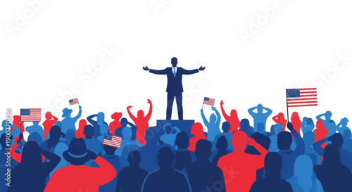 Illustration of a man making a speech to a crowd celebrating Presidents Day in the USA with American flags and decorations.