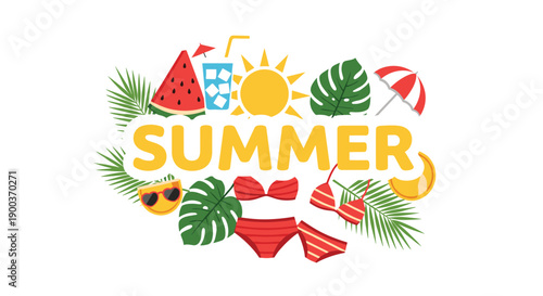 Vibrant summer-themed design features a "SUMMER" text with watermelon slices, cocktails, palm leaves, sun, umbrella, and swimwear.