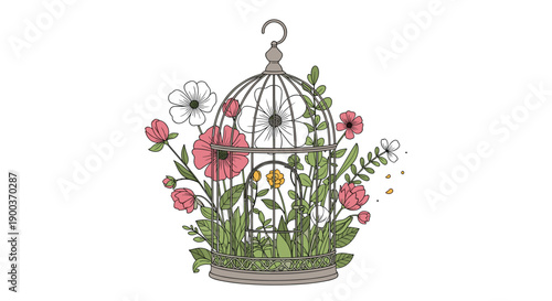 Beautiful vintage birdcage intricately adorned with a lush arrangement of colorful blooming flowers and green foliage, symbolizing freedom.