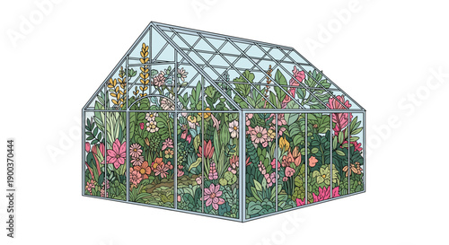 Beautiful glass greenhouse overflowing with a vibrant array of blooming flowers and lush green plants, depicting a thriving botanical garden.