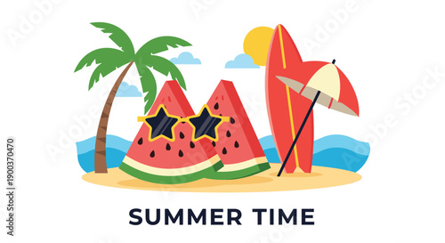 Vibrant "SUMMER TIME" scene features watermelon slices with sunglasses, a surfboard, palm tree, and beach umbrella on sandy shores.