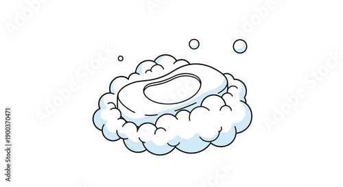Simple outline illustration of a clean white bar of soap surrounded by abundant foamy bubbles, symbolizing freshness, cleanliness and hygiene.