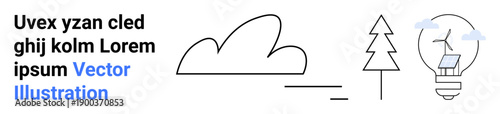 Sustainable energy, renewable power, eco-friendly living, environmental care, green technology, energy conservation. A tree, cloud and light bulb with solar and wind symbols. Renewable power