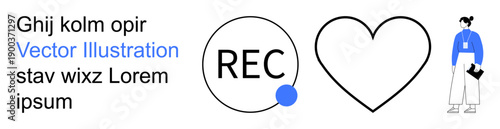 Media recording, creativity, design, branding, minimalism, and work concepts. Features a REC symbol, heart shape and a figure with a clipboard. Media recording and creativity concept