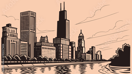 Chicago skyline illustration captures iconic cityscape and winding river perfect for travel guides, websites, brochures, and citythemed designs.