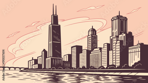 Background of chicago reflecting in the river with sears tower great for cityscape, travel, architecture, tourism, skyline, urban themes.