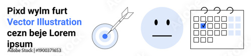 Time management, goal tracking, emotions, business planning, strategy, productivity. Bullseye target, calendar with checkmark neutral face. Time management and goal tracking visual s