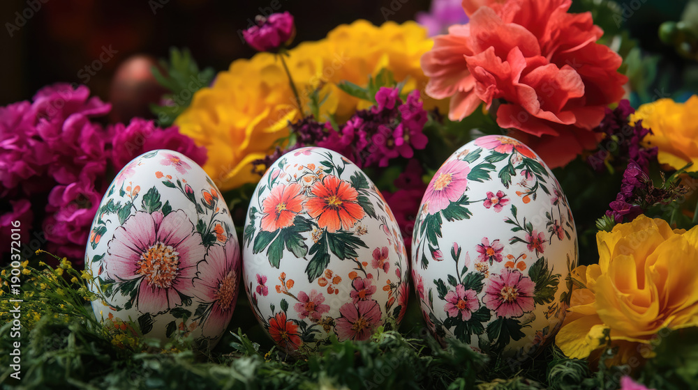 Fototapeta premium Four beautifully designed Easter eggs with floral patterns sit among vibrant flowers. The scene captures the essence of spring and celebration in a creative display.
