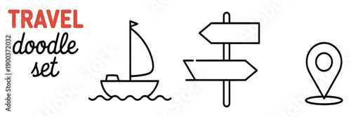 Travel Doodle Icon Set with Sailboat, Signpost and Location Pin – Hand Drawn Vector.
