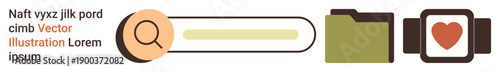 Data management, health monitoring, technology search, digital tools, file organization, wearable devices. Search bar, folder smartwatch with heart symbol. Data management and health monitoring