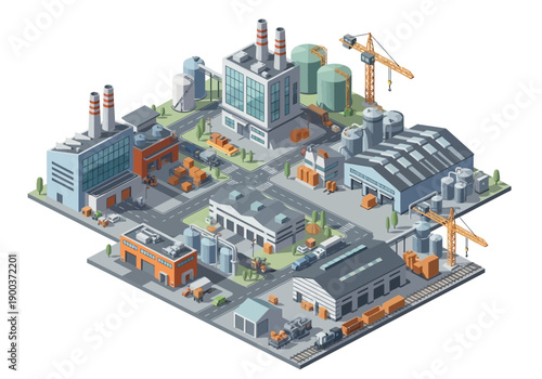 Isometric view of a sprawling industrial complex featuring factories, warehouses, and construction cranes under a clear sky