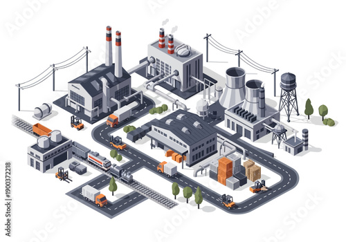 An isometric industrial complex illustration showcasing factories, warehouses, and transportation systems