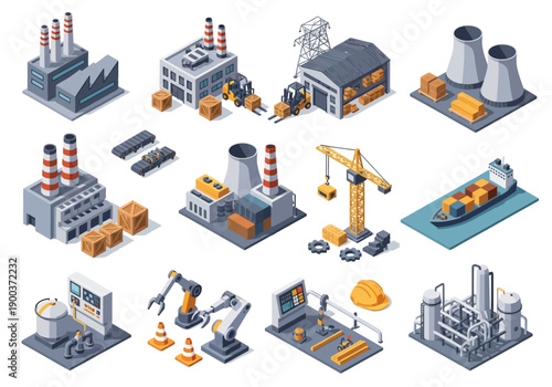 Industrial isometric elements factories, warehouses, cranes, and cargo ships