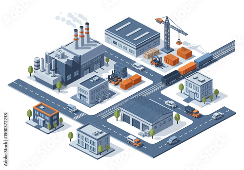 Isometric illustration of industrial and commercial buildings with vehicles and trains on a street
