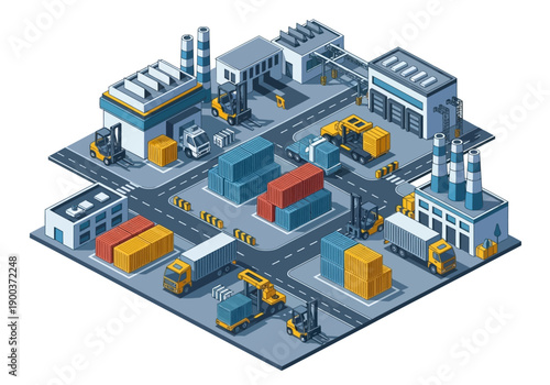 Isometric logistic industrial complex with warehouses, cargo containers, and trucks, efficient supply chain illustration