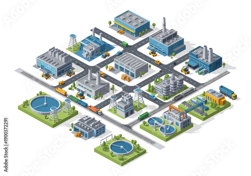Isometric view of industrial district with factories, water treatment plants, and transport infrastructure
