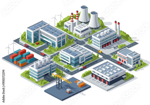 Isometric 3D illustration of industrial buildings and infrastructure with loading docks and renewable energy sources