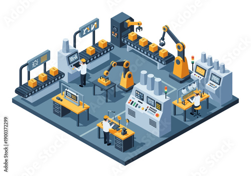 Automated factory floor with robotic arms on assembly lines and workers overseeing production processes
