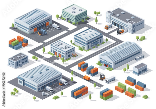 Isometric warehouse complex with loading docks, trucks, and shipping containers, symbolizing logistics and industry