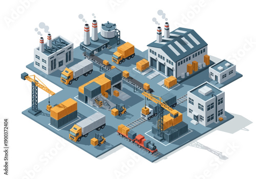 Industrial complex with factories, warehouses, trucks, and construction cranes in a logistic center
