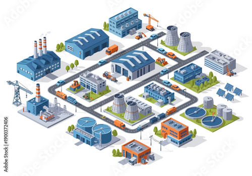 Modern industrial complex illustration with factories, power plants, and solar energy production