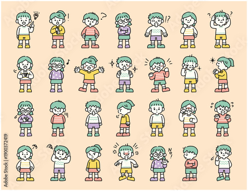 子どもの喜怒哀楽を描いた手描きイラストセット