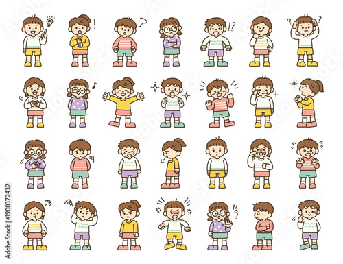 子どもの感情イラストセット　喜ぶ・怒る・悲しむ・考える 手描き パステルカラー