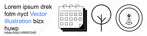 Time management, sustainability, mindfulness, planning tools, nature conservation, vision. Minimalist designs of a calendar, a tree and an eye symbol. Time management and sustainability concepts