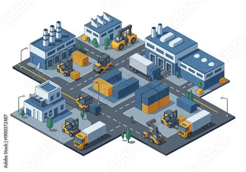 Isometric industrial complex with trucks, forklifts, and cargo containers, illustrating logistics and manufacturing operations