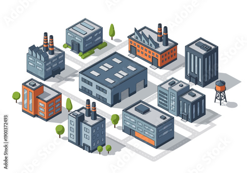 Collection of Isometric Industrial Buildings and Structures with Smokestacks