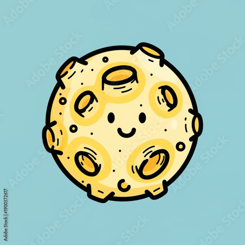 A cute, happy cartoon moon or asteroid with craters on a light blue background, featuring a friendly face.
