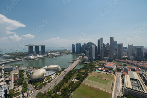 Aerial view of urban skyline and cityscape in Marina Bay Singapore.	