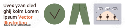 Data analytics, validation, clothing industry, research insights, decision-making, precise assessment. Green checkmark, pants and a chart visualizing data with figures and percentages. Data