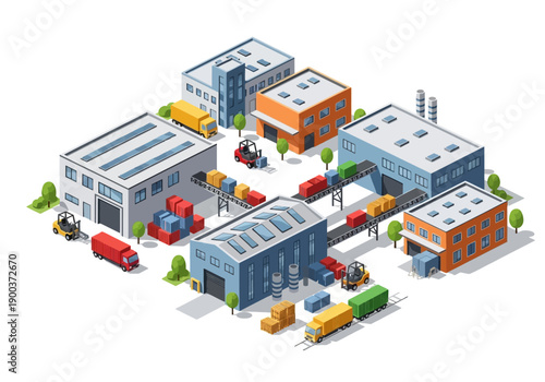 Isometric industrial complex with warehouses, delivery trucks, forklifts, and conveyor belts