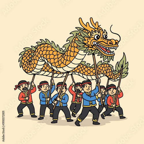 A vibrant illustration of a traditional Chinese dragon dance performance with multiple people holding up the golden dragon puppet.