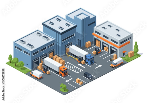 Logistics Hub with Trucks and Warehouses for Delivery and Distribution
