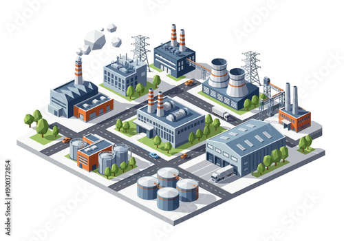 Isometric industrial complex with factories, power plants, and storage tanks, symbolizing manufacturing and energy production
